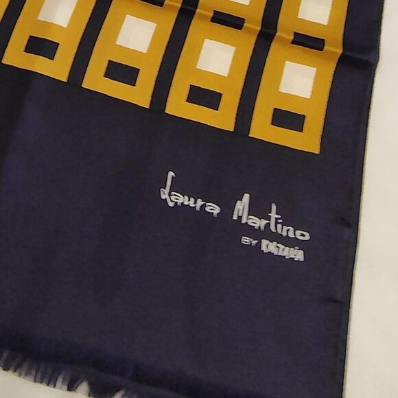 Laura Martino Long Fringe Vintage Silk Scarf Geometric Navy Blue & Gold - Picture 2 of 10